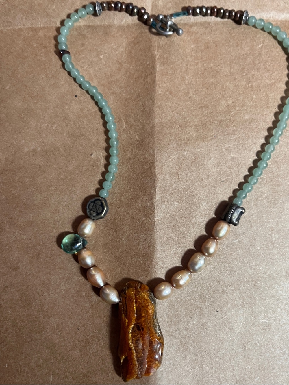 Mixed Gemstone and Pearl Pendant Necklace - Green, Amber, Cream